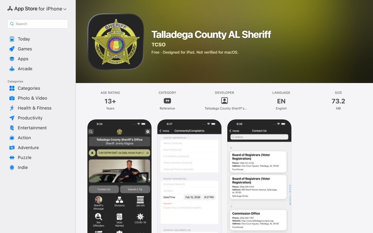 Talladega County inmate population sheriff app listing for public safety alerts