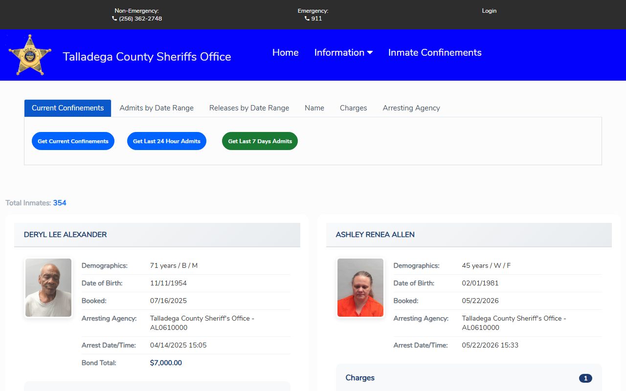 Talladega County inmate population roster search fields on Citizen Connect